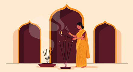 Woman Lighting Incense Sticks During Diwali Festive Celebration Backdrop