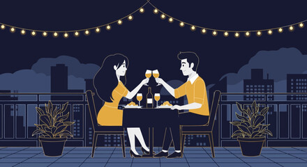 Romantic Evening Couple Toasting On The Rooftop With City Skyline View