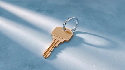 Golden hour in minimalist scene, A single gold key with a metal keyring lying on a blue textured surface under soft natural light. - Powered by Adobe