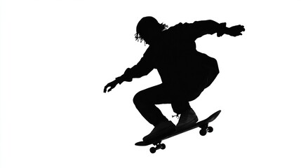 Silhouette of a skateboarder mid-air, performing a trick, showcasing dynamic movement and balance against a stark white background