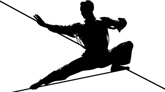 A silhouetted figure balances on a tightrope, performing a martial arts stance with focused energy