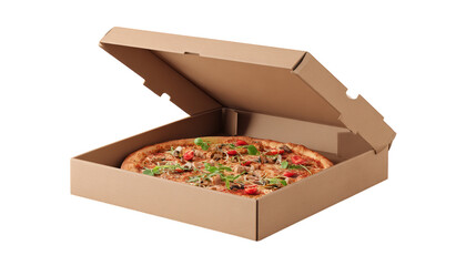 Open pizza box revealing a delicious, cheesy ready to eat. perfect for satisfying meal or party.