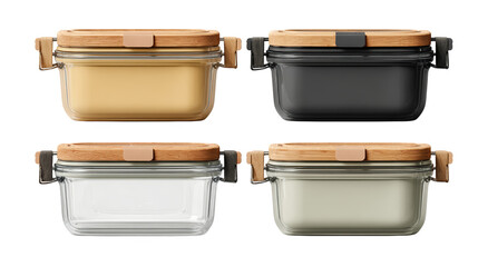 Four elegant glass jars with wooden lids, ideal for kitchen storage and organization