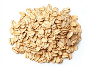 Rolled oats are spread out on a white surface, showcasing their rough texture and natural color. Ideal for various recipes, these oats are nutritious and versatile.