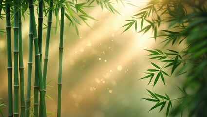 Fototapeta premium Green bamboo stalks and leaves with sunlight filtering through, creating a peaceful and natural atmosphere.