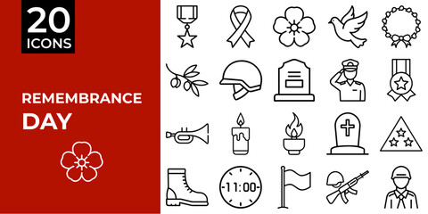 Remembrance Day icon set featuring symbols of honor and tribute  