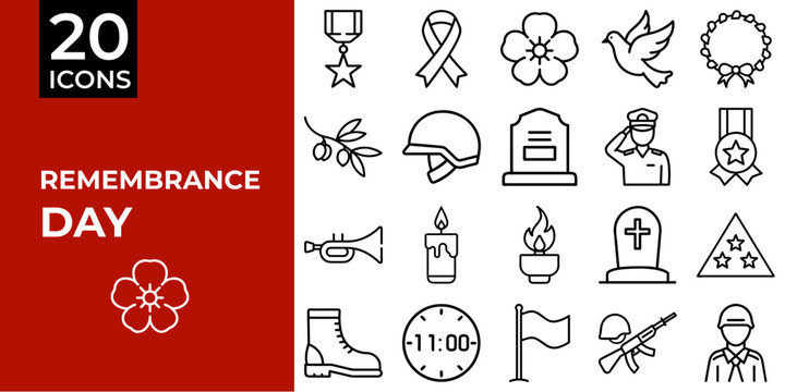 Remembrance Day icon set featuring symbols of honor and tribute  