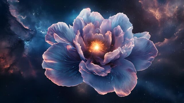 A cosmic flower with fire burning in its center offers a serene view for meditation. This image symbolizes the planet's transition into the peaceful era of Aquarius.