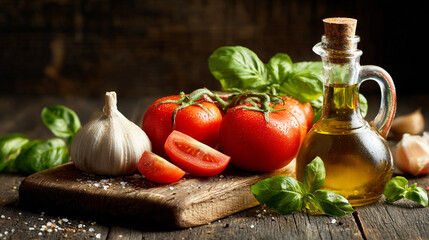 Photo of tomatoes, garlic, and basil on a wooden board with a bottle of olive oil in the background, on a dark wood tabletop.