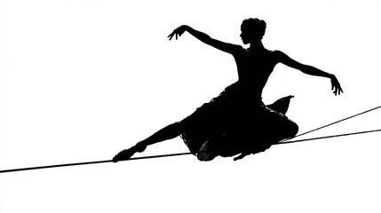 Silhouette of a person balancing on a tightrope with arms outstretched and a flowing skirt, white background