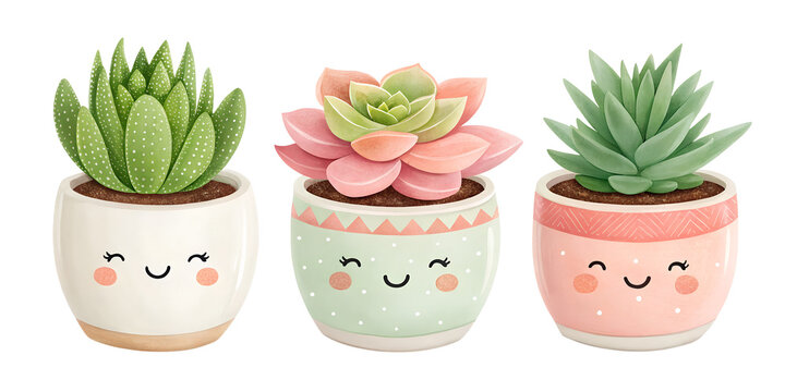 Tiny cute succulent plants collection on ceramic pots over isolated transparent background
