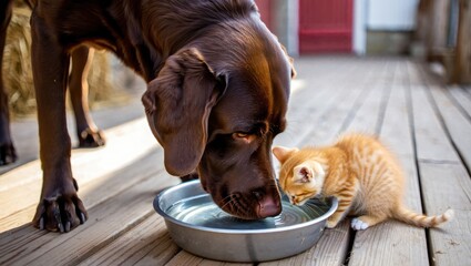 A brown dog and an orange kitten share a bowl of water on a wooden deck, showing friendship
