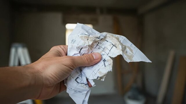 Close up of a man's hand holding a crumpled and torn architectural blueprint. A construction site or home renovation project is in the background.