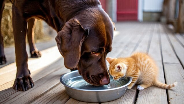 A brown dog and an orange kitten share a bowl of water on a wooden deck, showing friendship