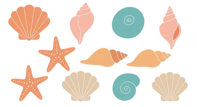 Collection of colorful cartoon seashells and starfish