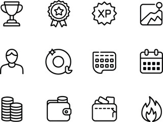 Collection of modern line art icons representing achievement finance and time management