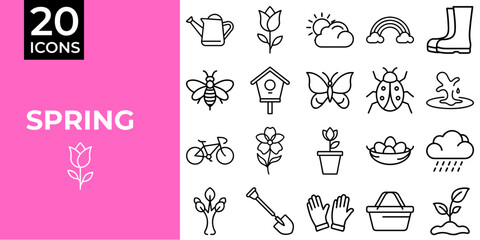Spring icon set featuring gardening, flowers, and nature elements  