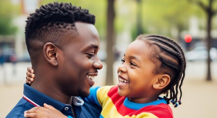 Heartwarming Father's Day image of a Black father and son bonding outdoors with love. Ideal for family blogs, parenting articles, and diversity-themed campaigns.