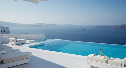 Obraz premium Serene infinity pool with ocean view for travel and relaxation