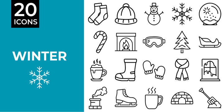 Winter themed icon set featuring snowflakes, mittens, and festive items  