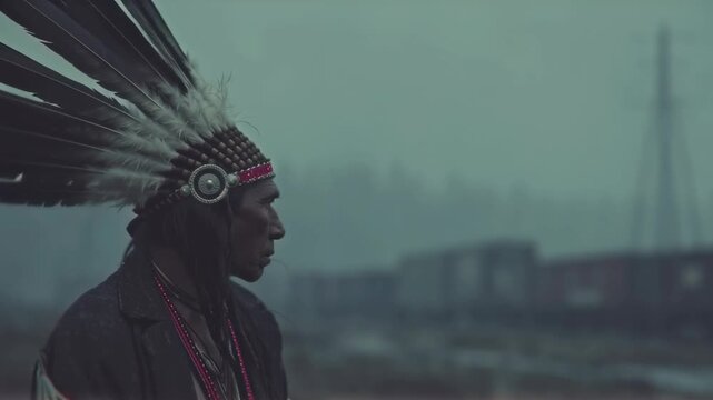 Native american elder wearing traditional feather headdress on misty urban background. Indigenous culture meets modern city. Historical heritage documentary concept