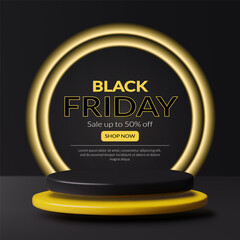Black Friday 3d podium on dark background. Sale banner design with flying product stage and rings of light. Vector illustration 
