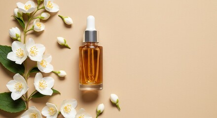 Serum bottle with jasmine flowers for natural skincare and beauty product promotion