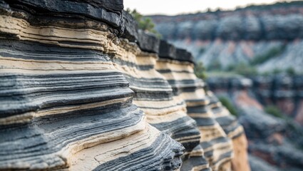 Fototapeta premium Layered rock formations with distinctive stripes and textures. Geological features and landscape. Natural rock layers and formations.