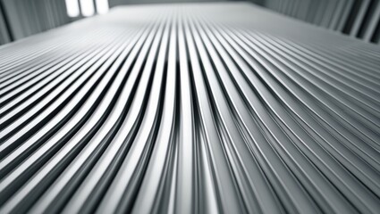 Naklejka premium Close-up of metallic lines or ridges with reflective surface, creating a pattern. Modern architectural design or interior element. Industrial and sleek aesthetic.