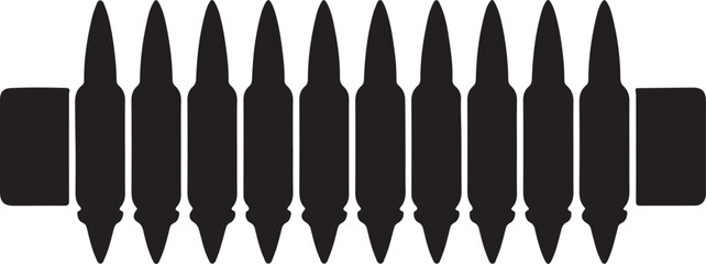 A black silhouette of a bullet belt featuring several rifle cartridges, symbolizing military ammunition, firearm power, and weapon accessories for design projects