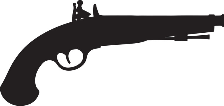 Vintage antique flintlock pistol silhouette, representing historical weaponry, piracy, and traditional dueling concepts, perfect for period designs and themes