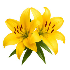 Obraz premium Two bright yellow lilies with green leaves isolated on black background a stunning floral display