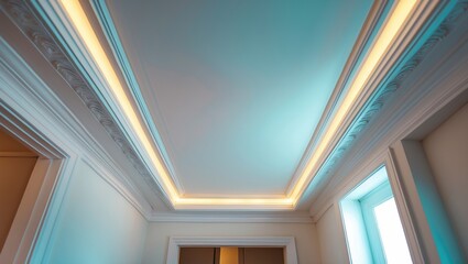 Obraz premium Ceiling lighting with illuminated lines and ceiling molding, interior design element, modern lighting feature.