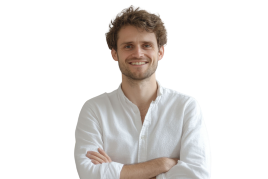 Portrait of 30 years old smiling man looking at camera with crossed arms. Happy boy standing in creative office. Successful businessman standing in white background PNG