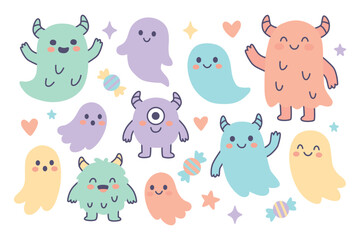Cute pastel cartoon monsters and friendly ghosts with candies and stars. Simple flat vector illustration on white background. Cute Halloween set, elements collection 