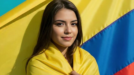 Beautiful young Colombian woman wrapped in the national flag of Colombia. Portrait of a patriotic Latina girl showing pride for her country. - Powered by Adobe