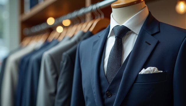 Elegant navy suit displayed in clothing store with tailored fit and fine details