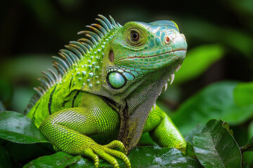 Obraz premium Green iguana reptile resting on tropical forest leaves with vibrant scales and natural beauty
