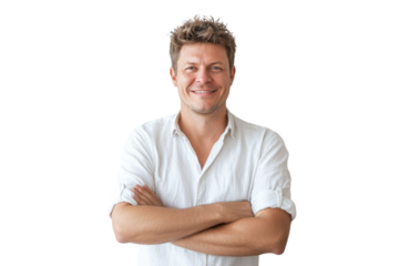 Portrait of 30 years old smiling man looking at camera with crossed arms. Happy boy standing in creative office. Successful businessman standing in white background PNG