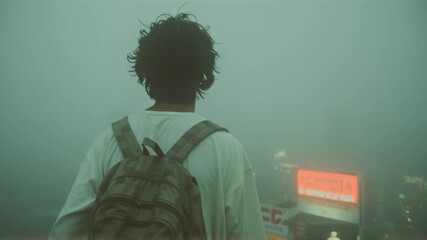 Young african american man with backpack looking at futuristic neon cityscape in fog. Cyberpunk urban scene with copy space. Digital dystopia concept - Powered by Adobe
