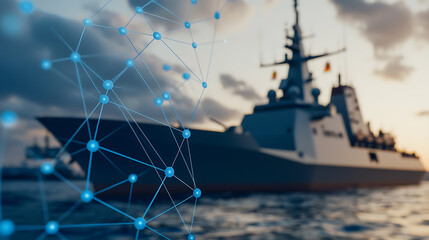 Maritime Security Network: Warship connected through a digital grid. Modern naval defense linked by advanced communication technology, secure data sharing on the open seas.