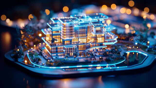 PropTech innovations are transforming real estate. Illuminated architectural model with vibrant blue lights at night.	
