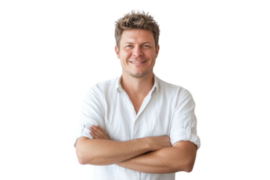 Portrait of 30 years old smiling man looking at camera with crossed arms. Happy boy standing in creative office. Successful businessman standing in white background PNG