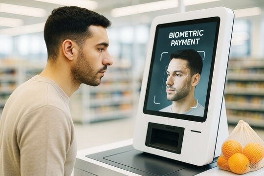 Man using biometric payment system at self-service kiosk in modern store with facial recognition technology on light business background. Ai generative