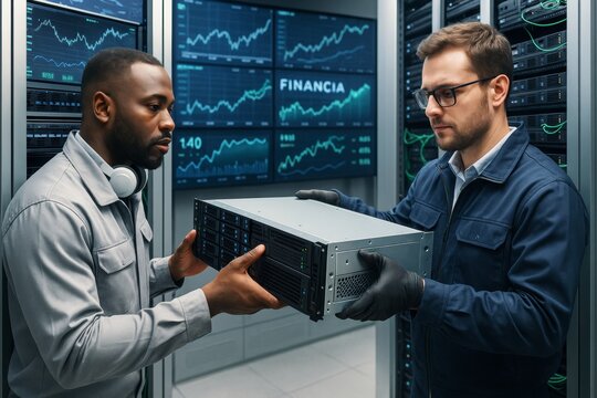 IT professionals working in server room exchanging hardware equipment with financial data charts on digital background screens in business setting. Ai generative