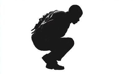 Fototapeta premium Silhouette of a person crouching, looking down, in front of a white background