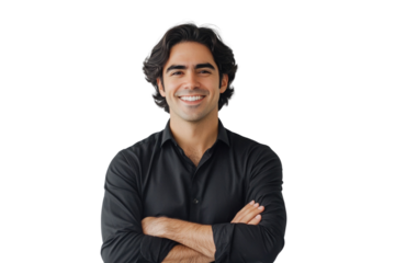 Portrait of 30 years old smiling man looking at camera with crossed arms. Happy boy standing in creative office. Successful businessman standing in white background PNG