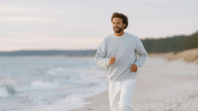 Man jogging on sandy beach at sunset. Young person in casual outfit running along ocean shore. Active lifestyle and fitness concept. Summer beach workout in nature - Powered by Adobe