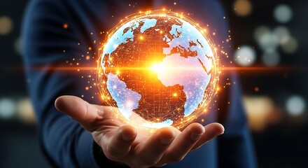 Depicting digital transformation and advanced AI, this visual metaphor showcases global solutions and the vast potential for remote work and interconnected collaboration across continents.