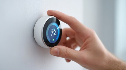 Hand adjusting modern thermostat on white wall